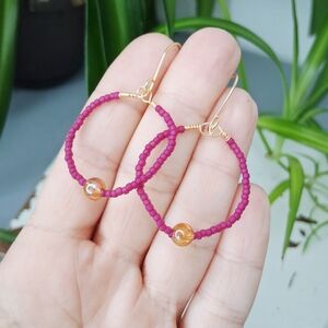 BOGO EARRINGS Chic Magenta and Gold Beaded Hoop Earrings